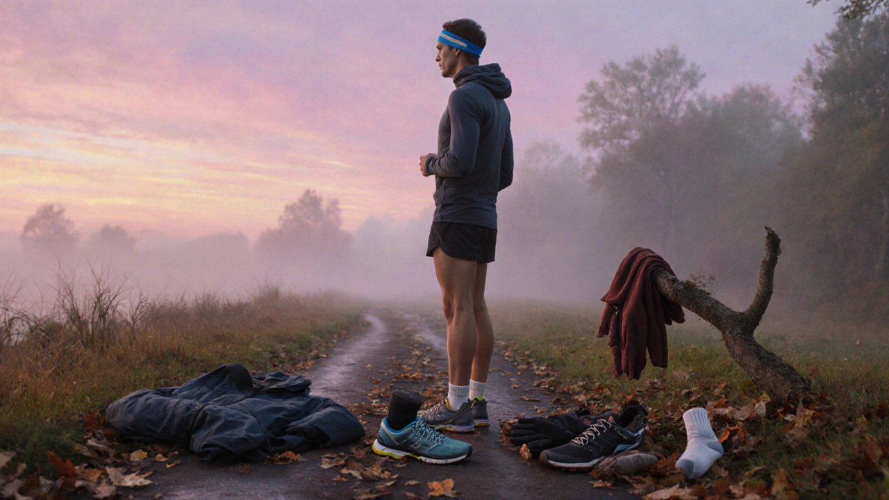 Бегун завершил тренировку, рядом разложены термобельё, куртка, обувь и аксессуары.