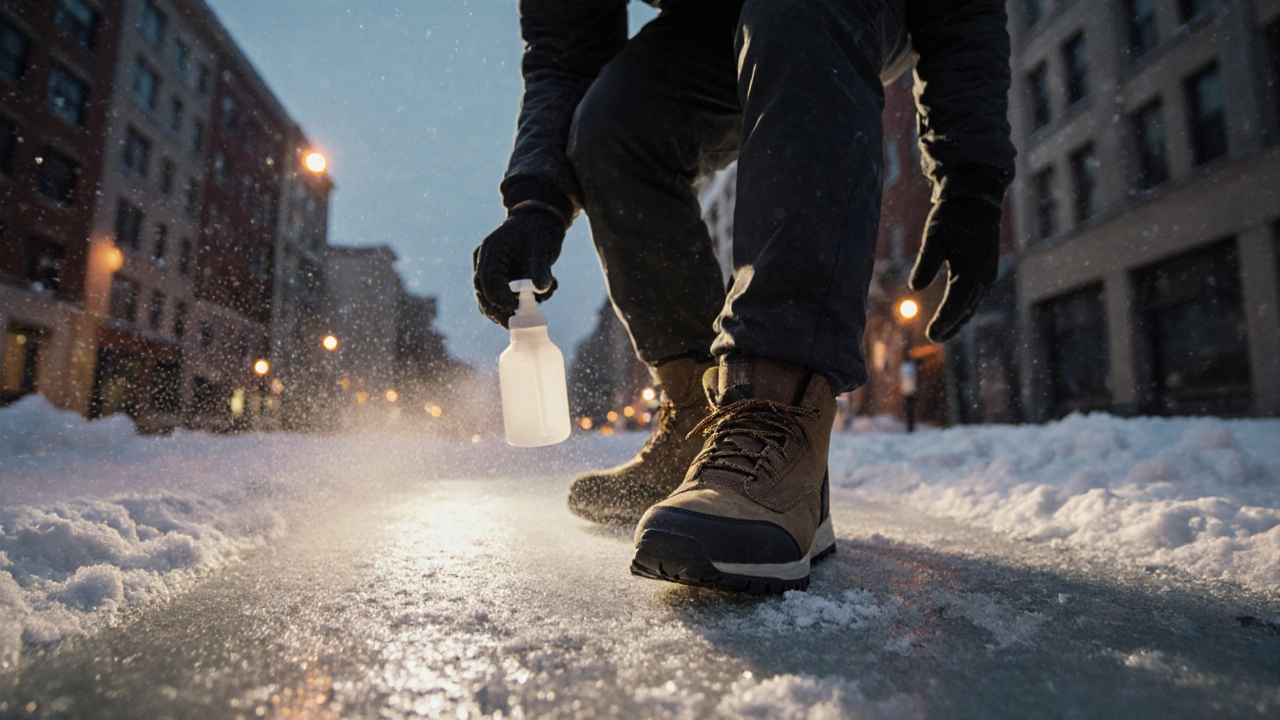 Человек проверяет обувь на льду, распыляя антискользящий спрей; на фоне заснеженная улица с солью.