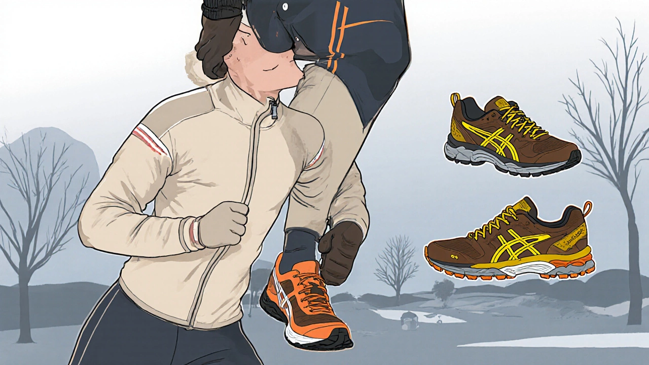 Детальный вид слоёв одежды бегуна: термобельё, ветровка, перчатки, шапка и кроссовки.