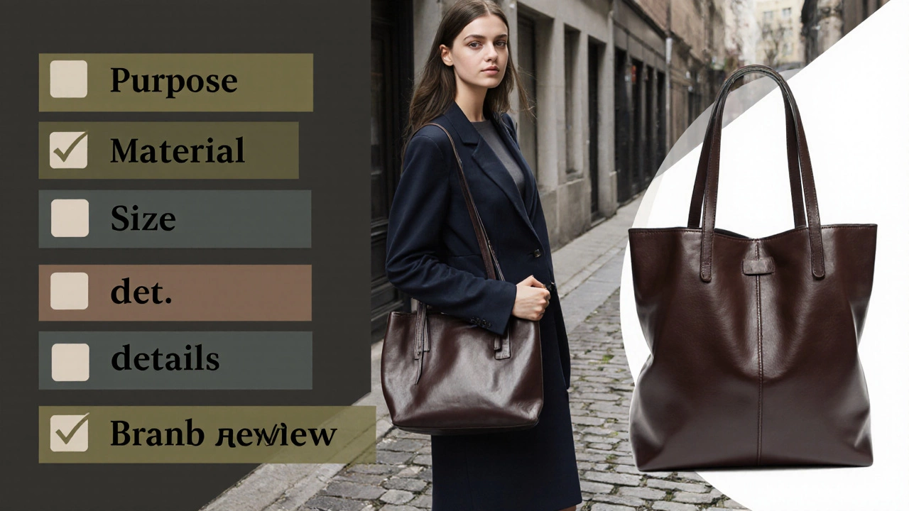 Девушка в пиджаке держит темно‑коричневый тоут, на фоне чек‑лист выбора дорогой сумки.