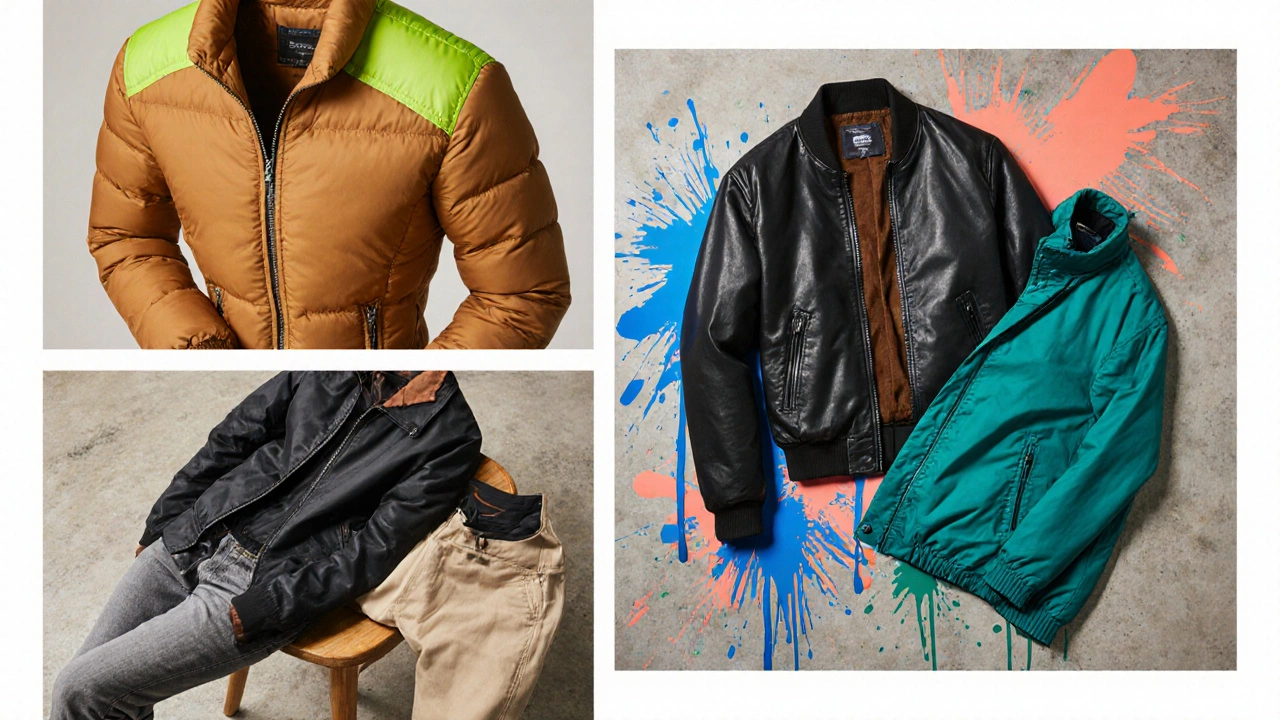 Коллаж с тремя мужскими куртками: пуховиком‑корсетом, кожаным бомберами и ветровкой‑трансформером, рядом яркие краски.