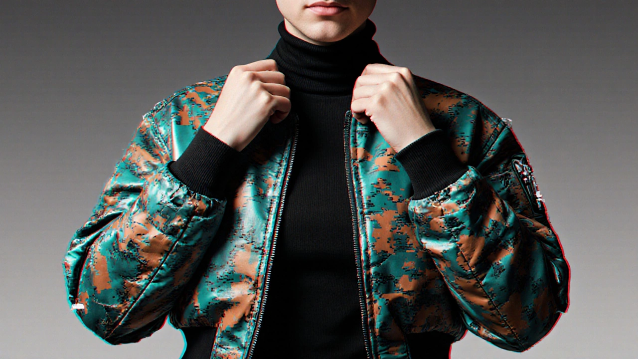 Куртка с глитч-принтом в стиле цифрового сбоя на фоне серого градиента