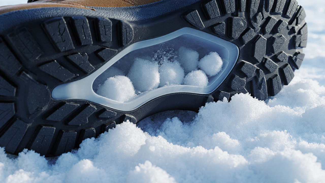 Макросъёмка подошвы зимних ботинок, показывающая слои резины, ТПУ и силикона, канавки, заполненные снежными кубиками.