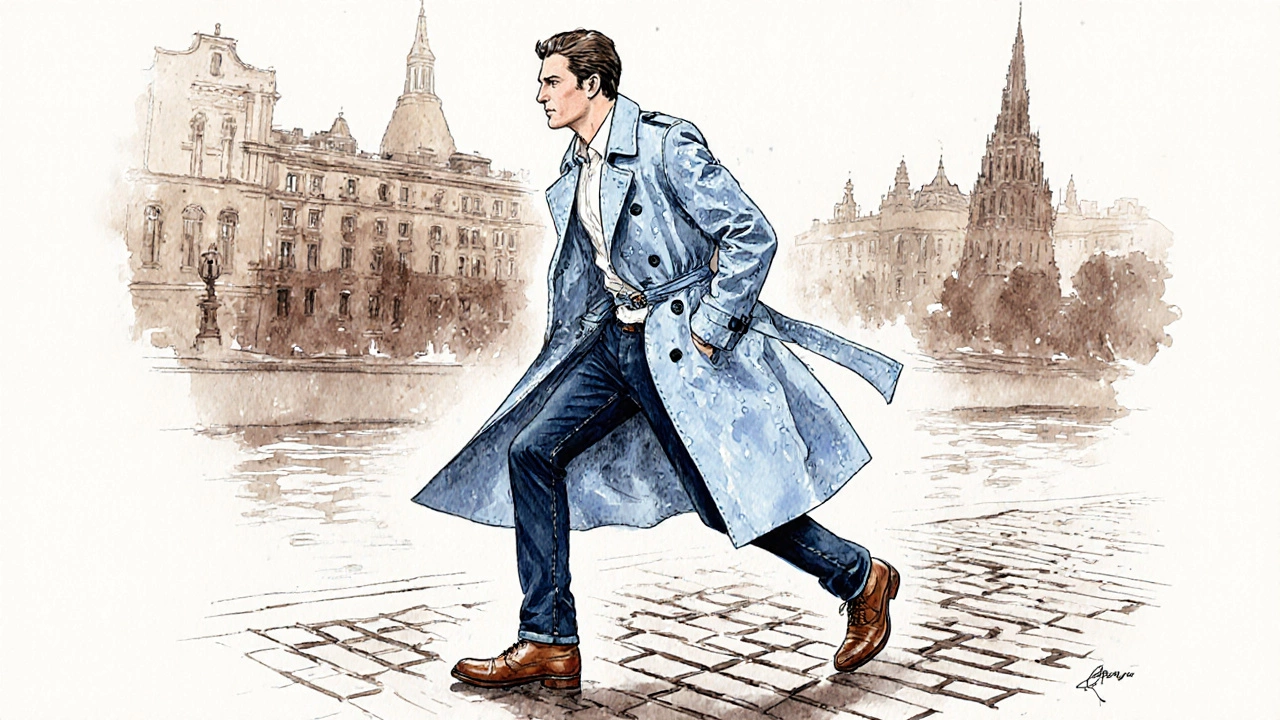 Модель в светло‑голубом классическом тренче, шаге по мокрой улице с историческими зданиями.