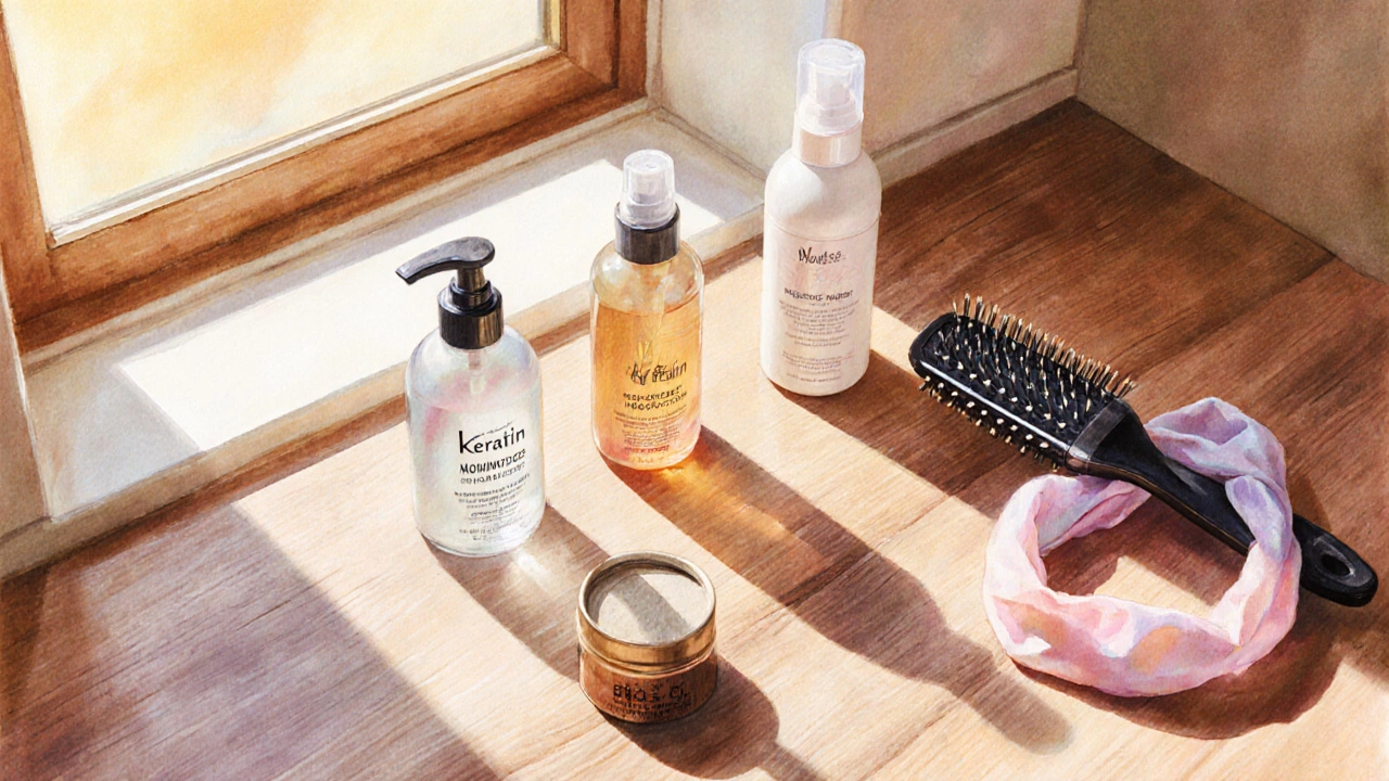 Набор ухода: шампунь, термозащита, лак для объёма и шелковая повязка на столе.