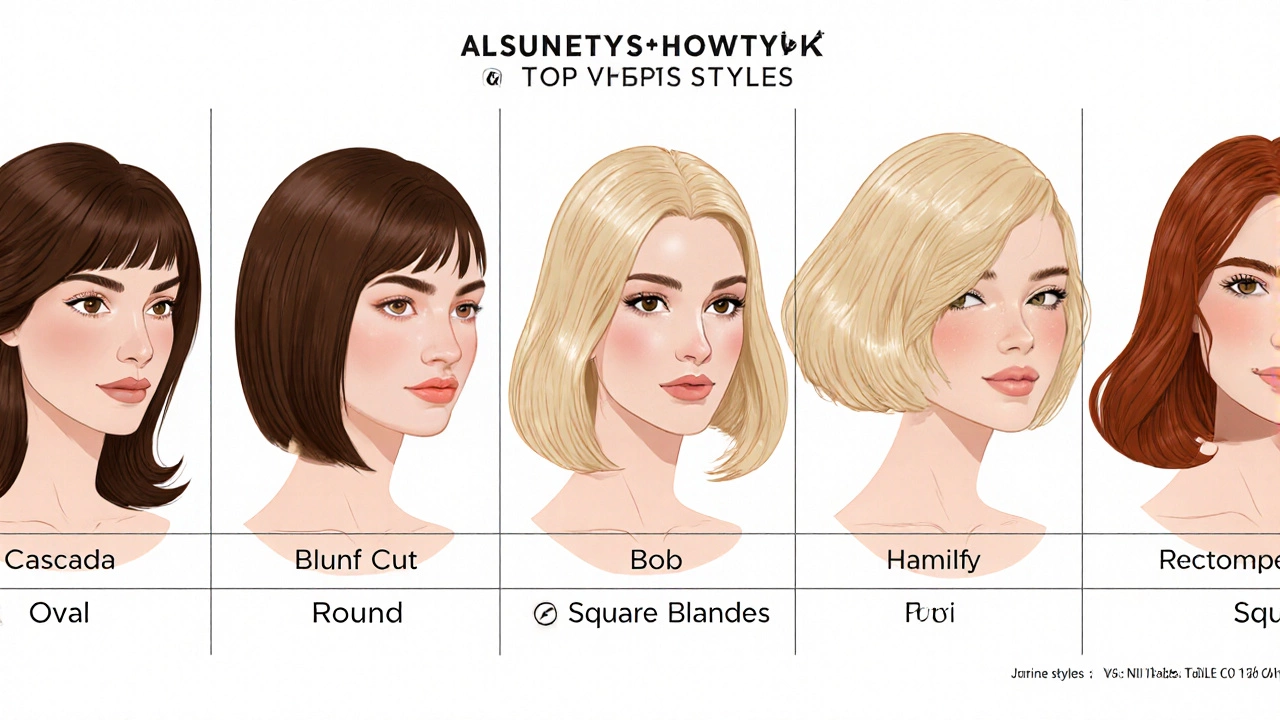 Пять моделей с разными прическами (кассада, каре, боб, пикси, объём) и соответствующими формами лица.