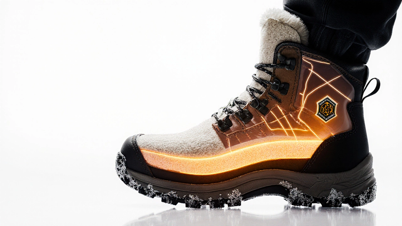 Разрез зимнего ботинка, показывающий слои утепления: шерсть, войлочная стелька и водонепроницаемая мембрана.