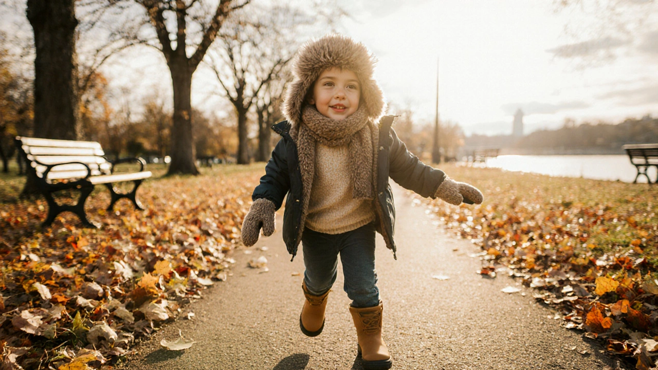 Счастливый ребёнок в полном слое одежды играет в парке, листья падают.