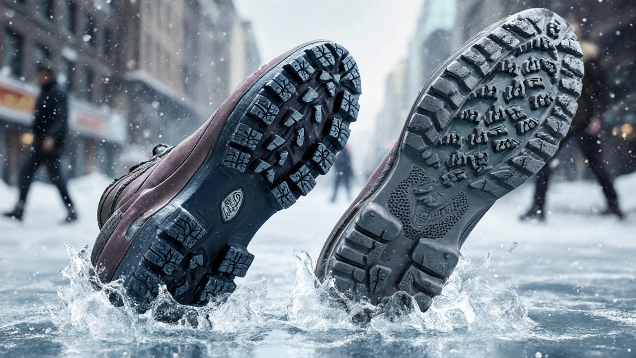 Сравнение трех типов зимних подошв: одна цепляется за лед, другая скользит, третья имеет микропоры для захвата.