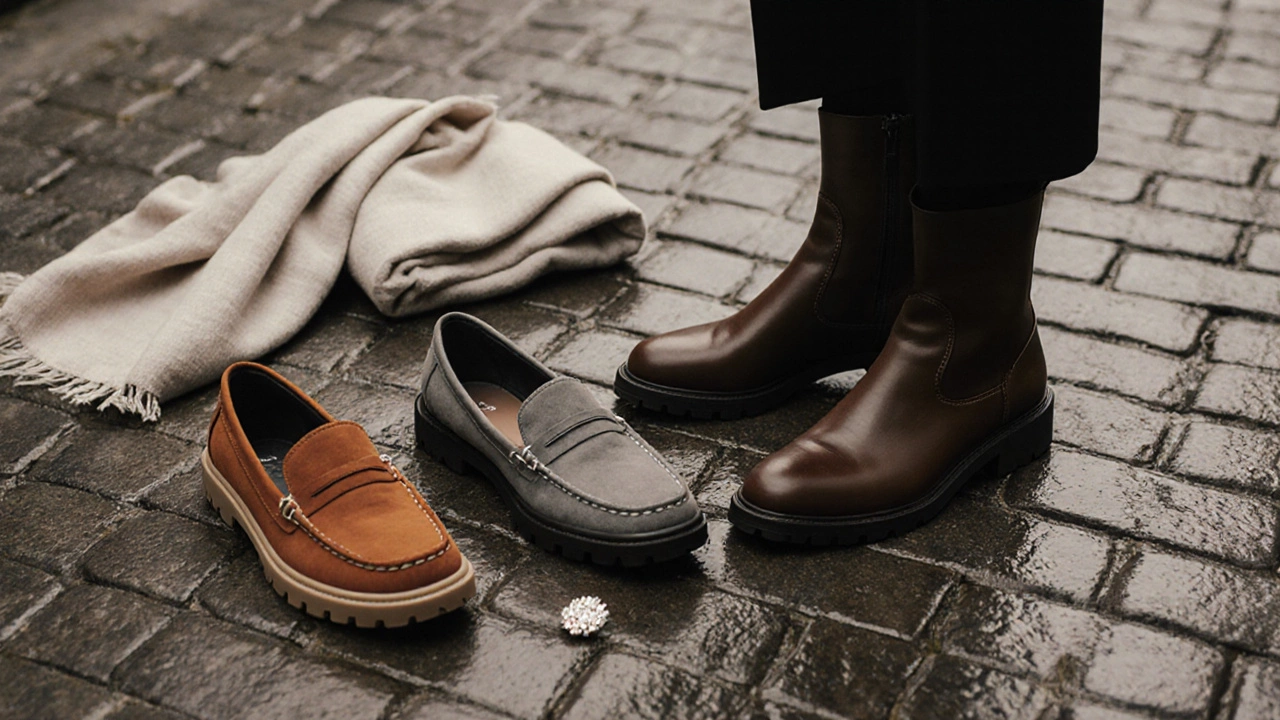 Три пары удобной обуви на мокрой брусчатке — без каблуков, в тёплых нейтральных тонах.