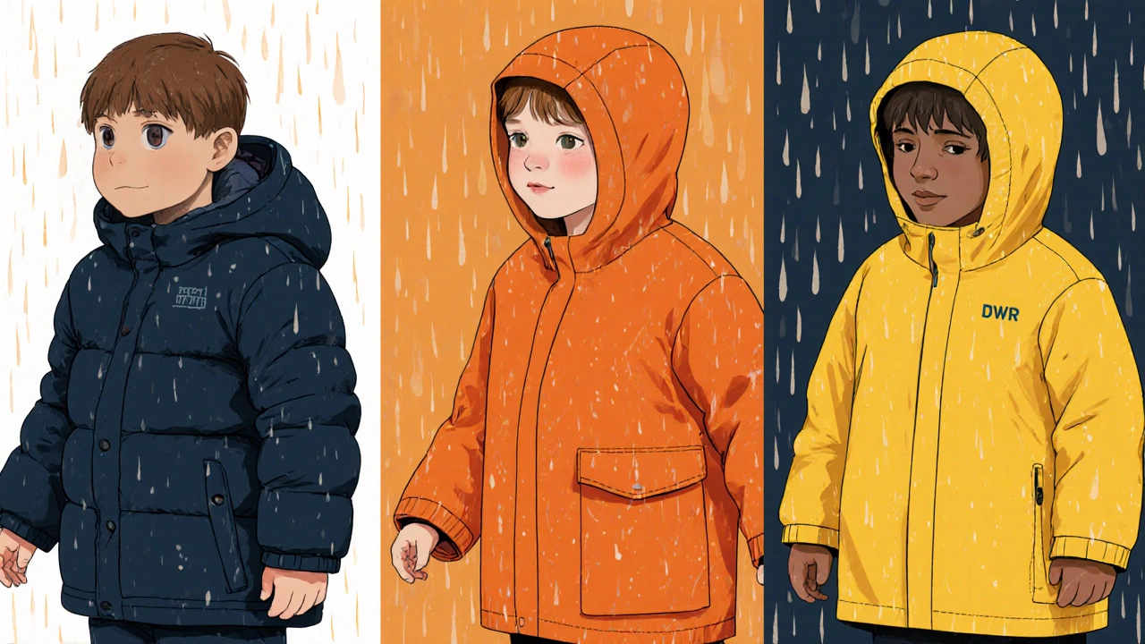Три ребёнка в разных осенних куртках: парка, ветровка и плащ, под дождём.