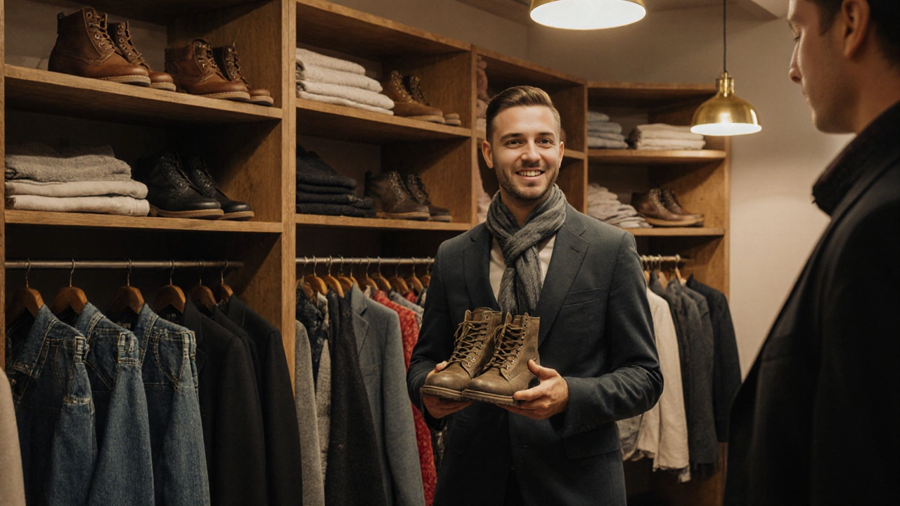 Внутри магазина б/у одежды: винтажные джинсы, пиджаки и ботинки на деревянных полках.