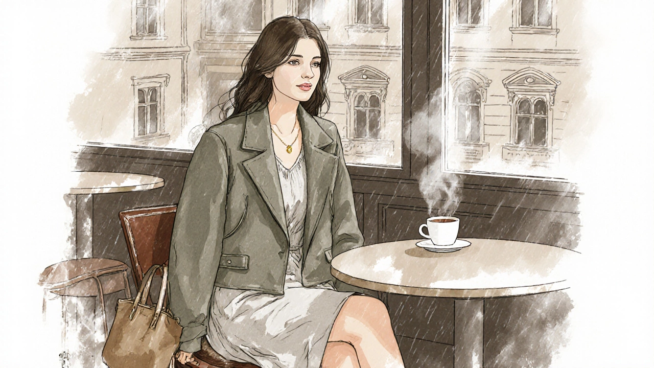 Женщина в коротком пальто-пиджаке сидит в кафе, пьёт кофе и носит тонкую цепочку.