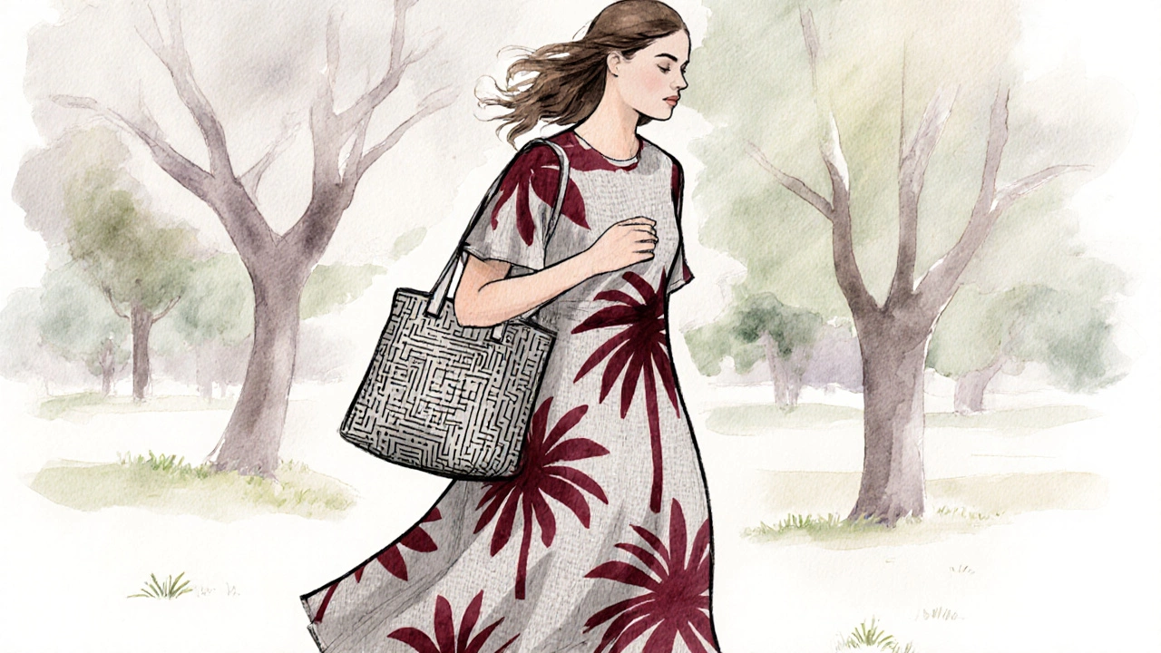 Женщина в платье с абстрактными листьями пальмы гуляет в парке весной