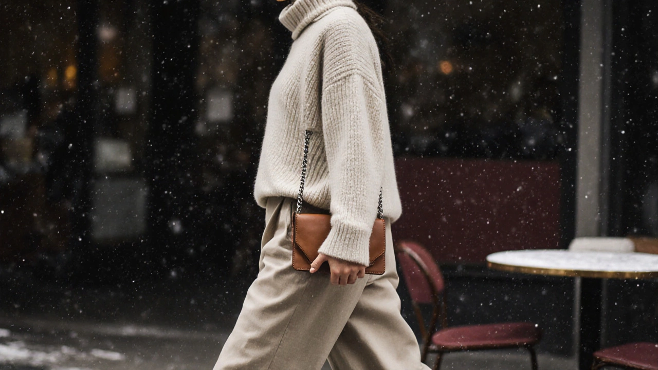 Женщина в широких хлопковых брюках и свитере несёт маленькую кожаную сумку-клатч на цепочке.