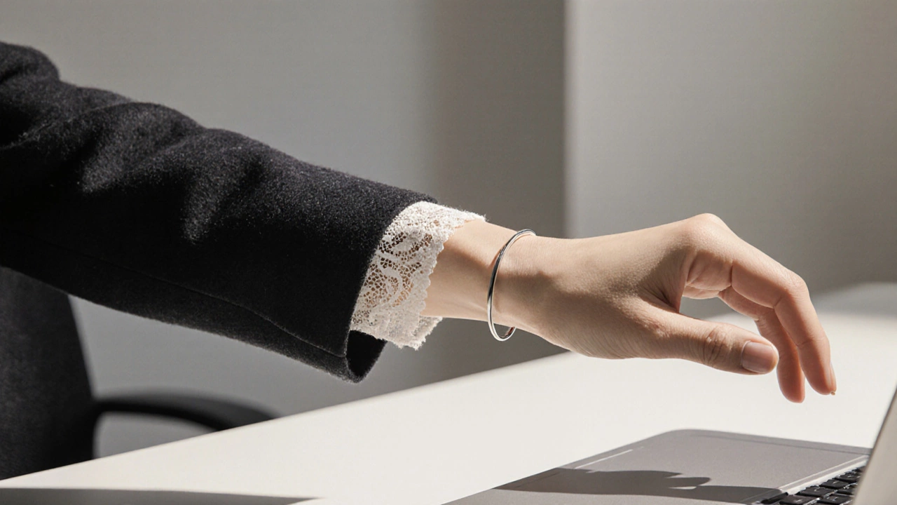 Ближний план предплечья с узким рукавом и кружевной вставкой в офисной обстановке.