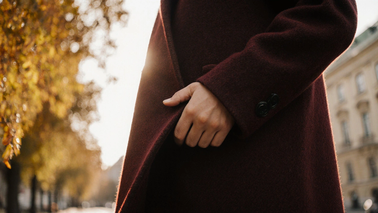 Ближний план руки, держащей бордовое пальто из шерсти с кашемиром.