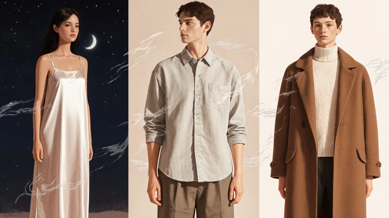 Человек в слоях натуральной одежды: шелк ночью, лен летом, меринос зимой, символизируя адаптацию ткани к сезонам.