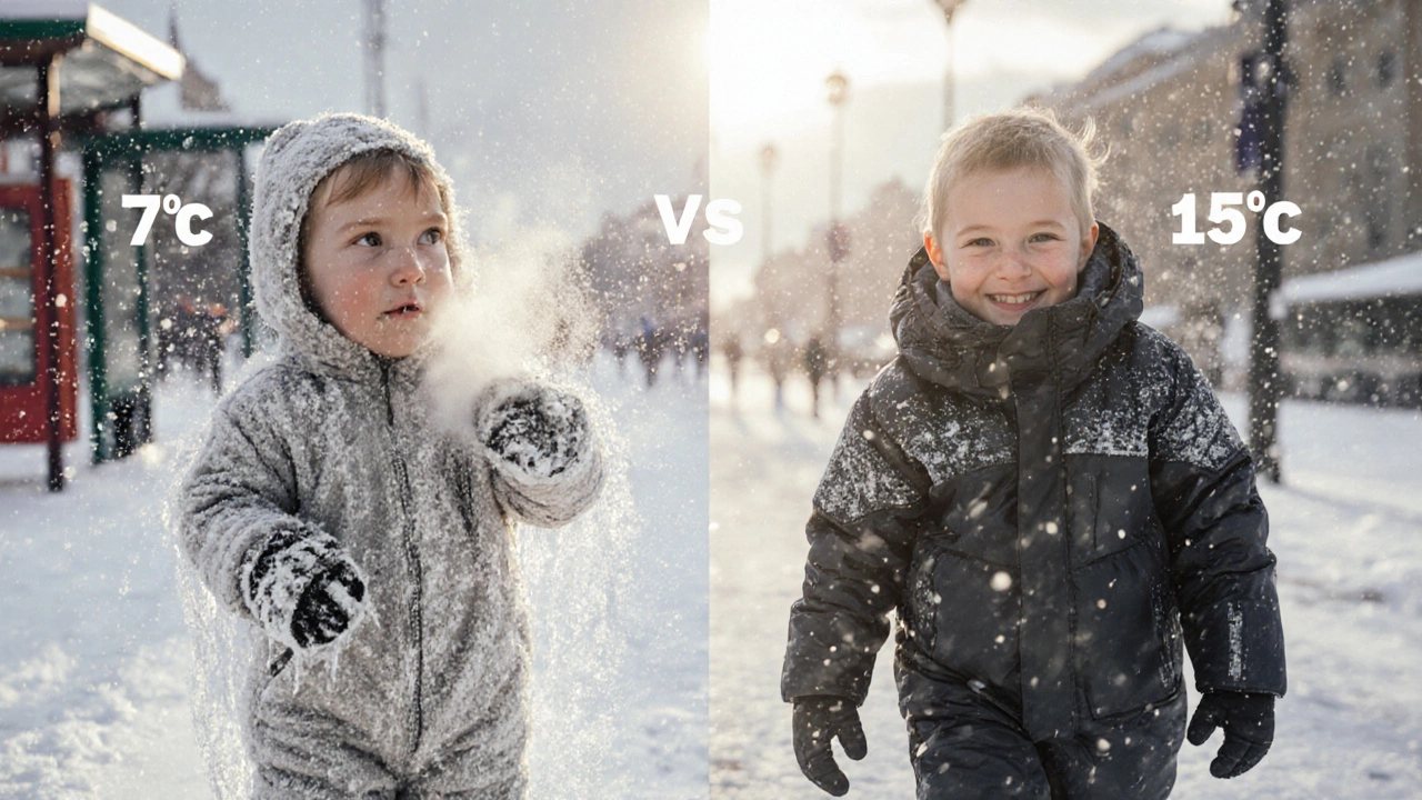 Два ребёнка рядом: один мерзнет в демисезонном комбинезоне, другой тепло одет в зимний, за спиной снежная улица Петербурга.