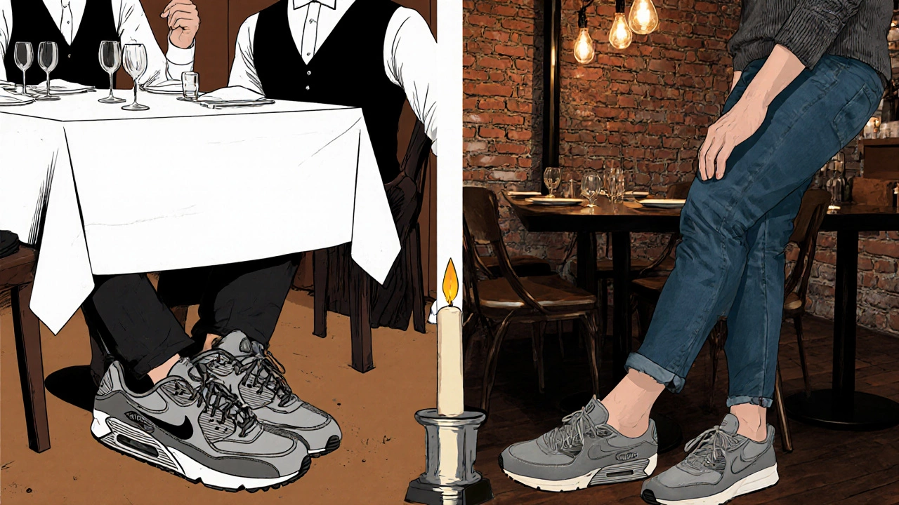 Два стиля ресторанов в Санкт-Петербурге: формальный слева и неформальный справа, с разной обувью.