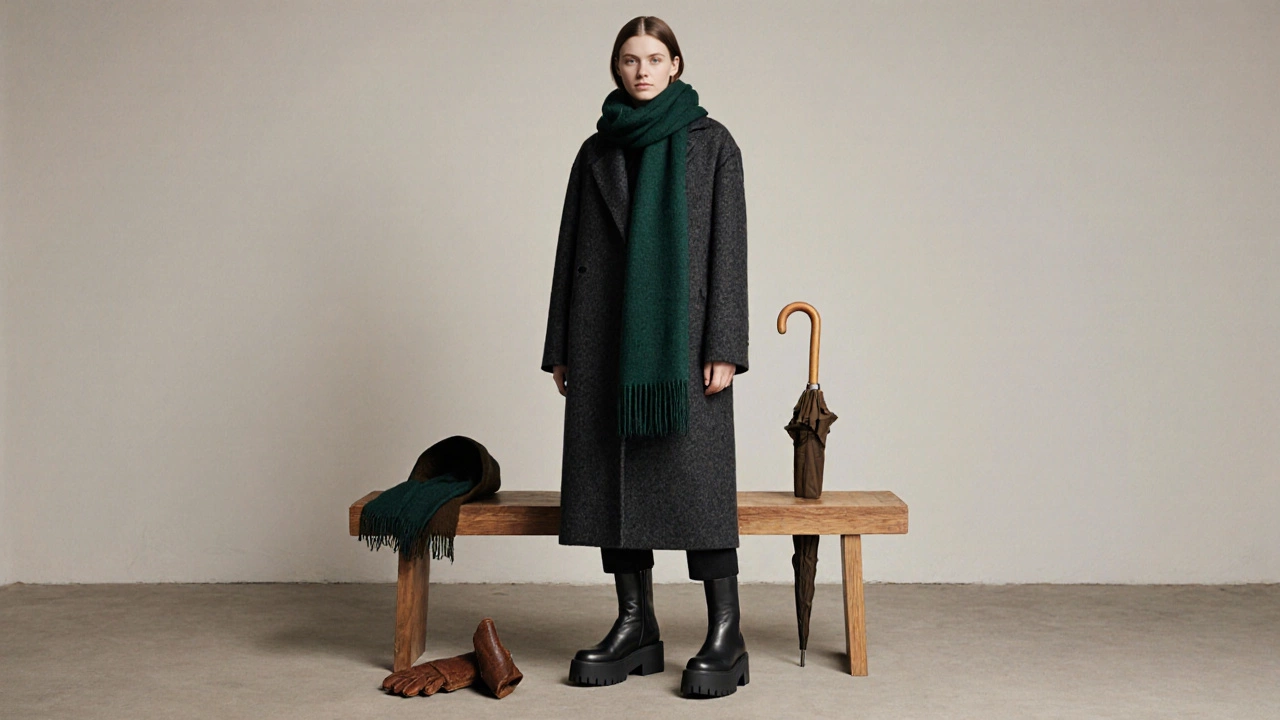 Куртка, сапоги, шарф и съемный капюшон аккуратно сложены на деревянной скамье.