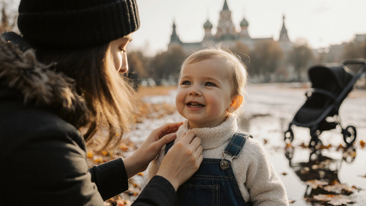 Мать проверяет спину ребёнка за шеей, чтобы убедиться, что он не перегрет, в осеннем парке Санкт-Петербурга.