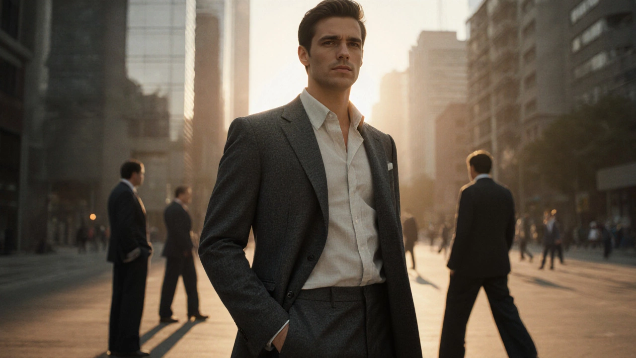 Мужчина в темном костюме без галстука стоит в городе, позади него — размытые фигуры в старомодных костюмах с широкими лацканами.