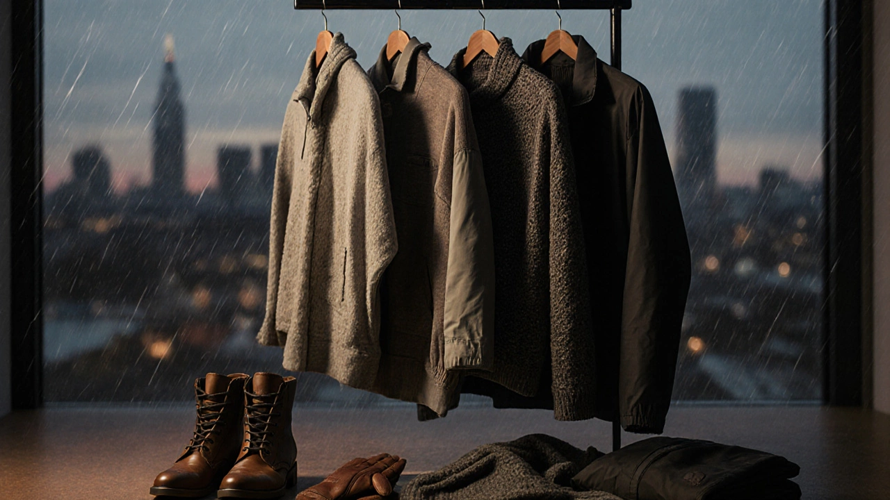 На деревянной вешалке аккуратно сложены три слоя осенней одежды рядом с ботинками, перчатками и шарфом.