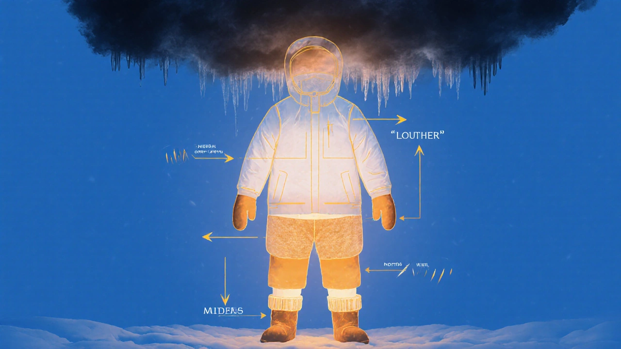 Прозрачный комбинезон с внутренними слоями теплой одежды, символизирующие защиту от холода, на фоне зимней бури.