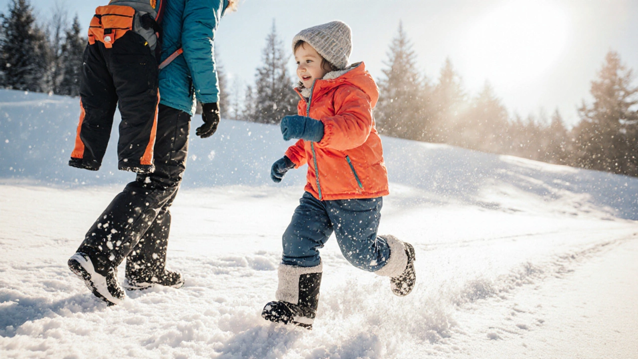 Ребенок бежит по снегу в трехслойной зимней одежде.