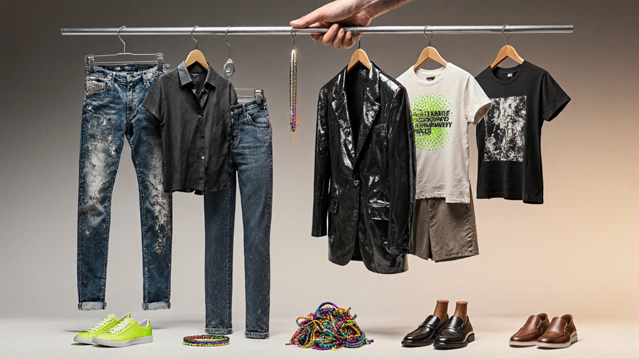 Рука убирает семь неподходящих предметов одежды, а на фоне появляются их современные альтернативы в мягком свете.