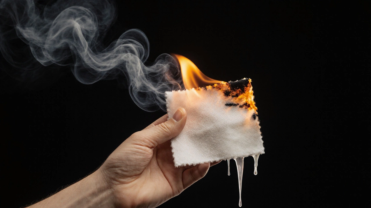 Сгорающий образец ткани: натуральные волокна горят как бумага, синтетика плавится — контраст между безопасностью и вредом.