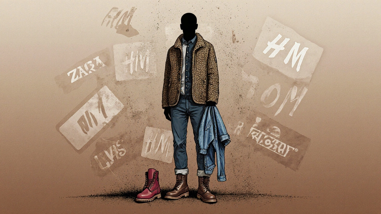 Силуэт мужчины из текстур одежды олд мани, фон — исчезающие логотипы быстрой моды.