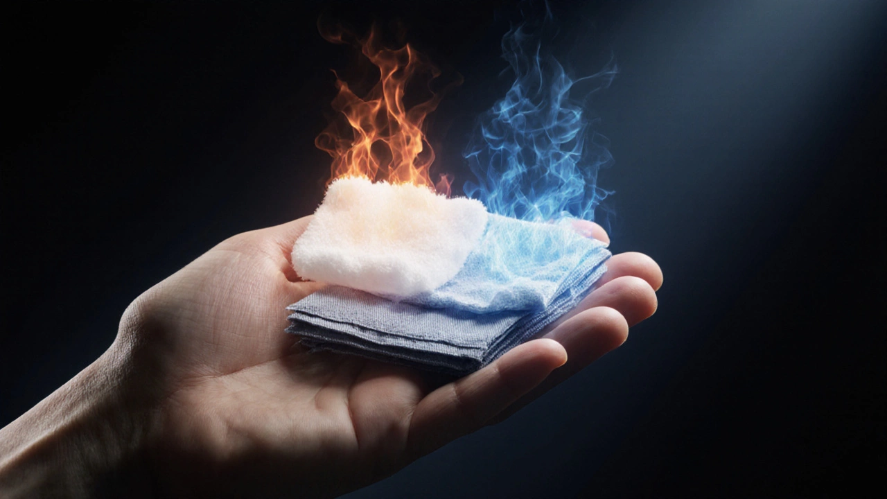 Сравнение полиэстера и льна: тепло поднимается от синтетики, а прохладный воздух проходит через лён.