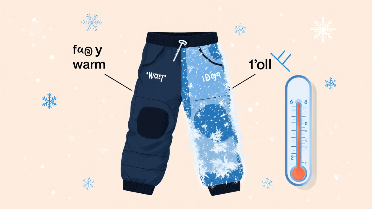 Сравнение сухих и мокрых зимних штанов с символами тепла и холода.