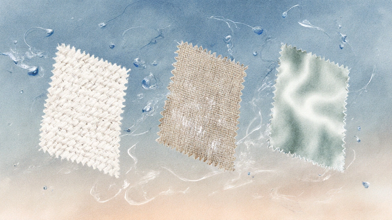 Три вида тканей — хлопок, лён и тенсель — парят в воздухе, показывая их текстуры и вентиляцию.