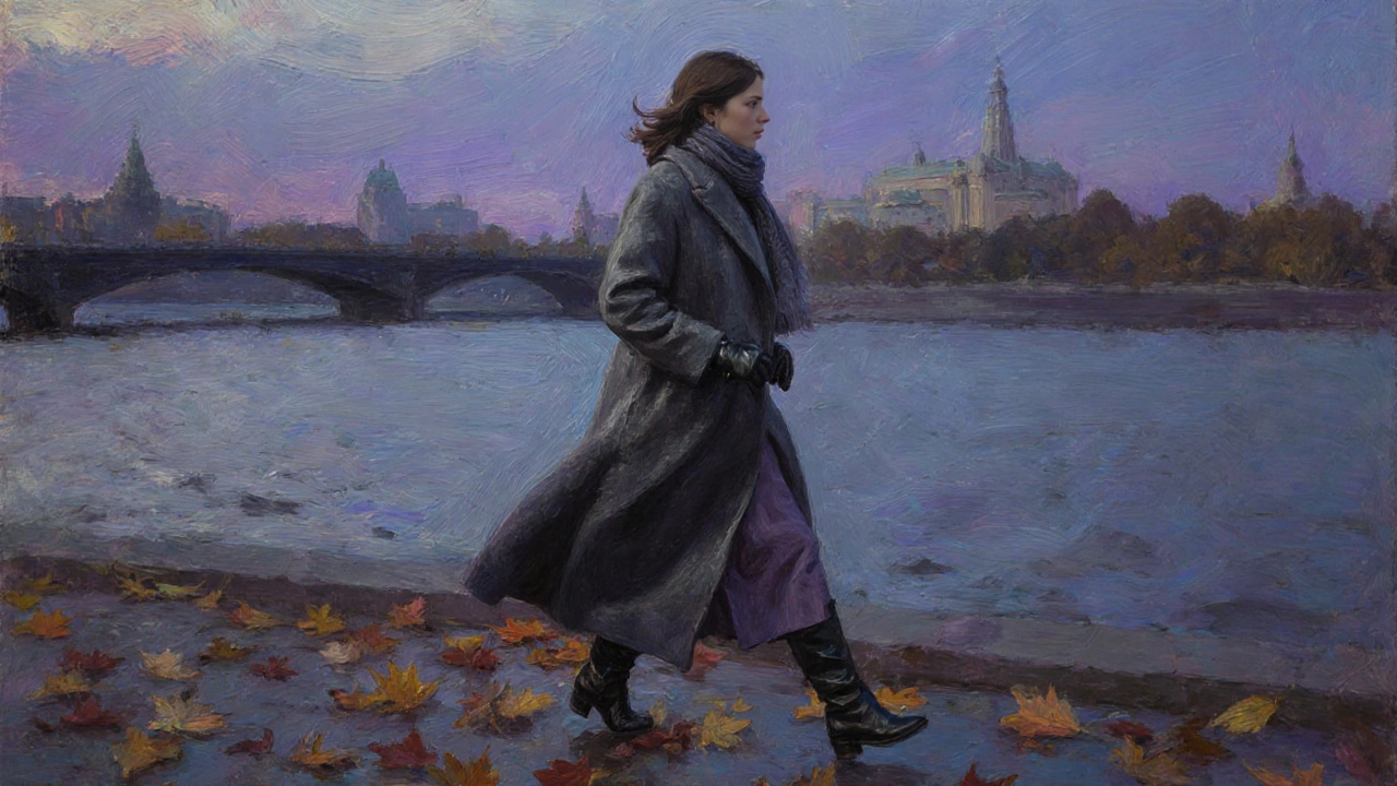 Женщина в дымчато-сером пальто гуляет по набережной Невы осенью.