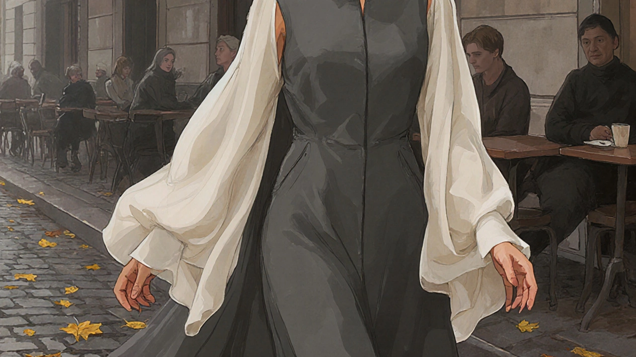 Женщина в пальто с каплевидными рукавами, выходящая из кафе в осеннем Санкт-Петербурге.