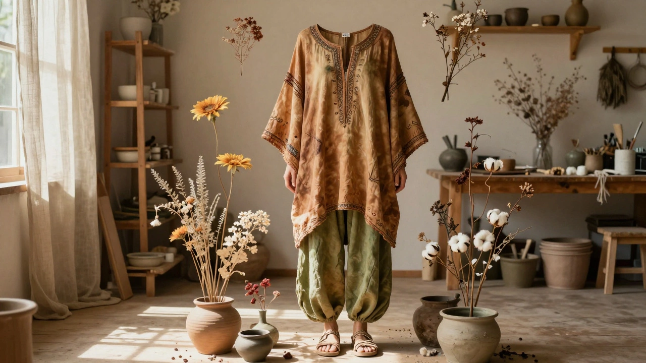 Био-хиппи стиль: ручная вышивка, земляные цвета, натуральные волокна, атмосфера арт-студии с солнечным светом.