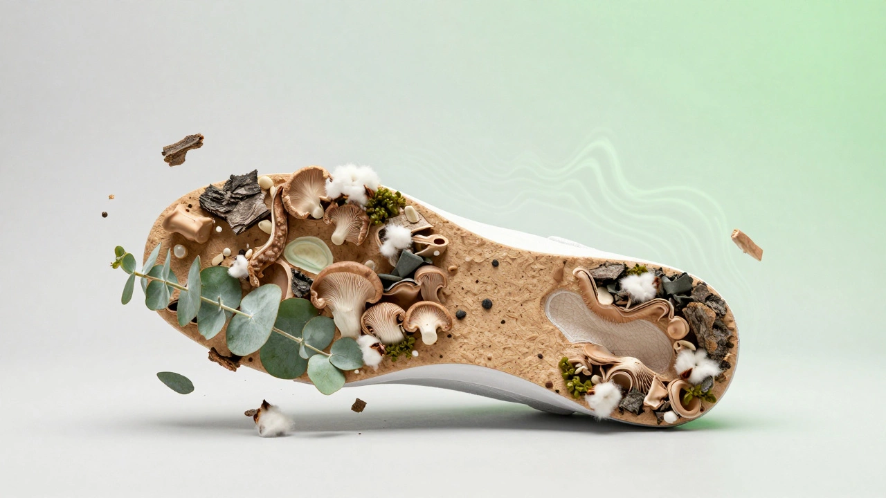 Ближний план подошвы кроссовок из грибной кожи и эвкалипта, окруженной волокнами водорослей и коры.