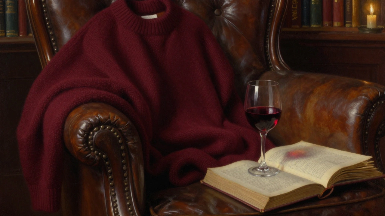 Бордовый кашемировый свитер на винтажном кожаном диване в библиотеке с книгой и бокалом вина.