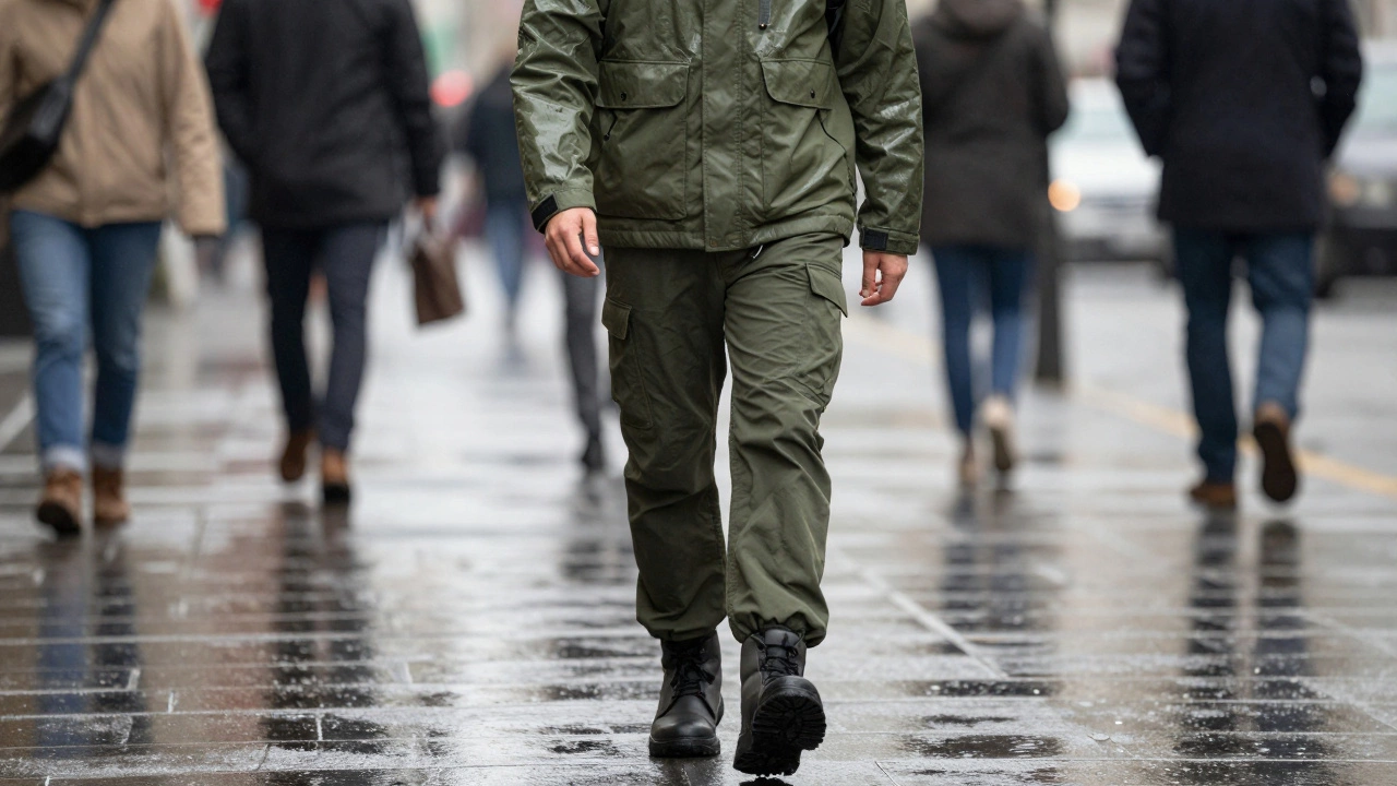 Человек в функциональной одежде идет по мокрому городскому тротуару в пасмурный день.