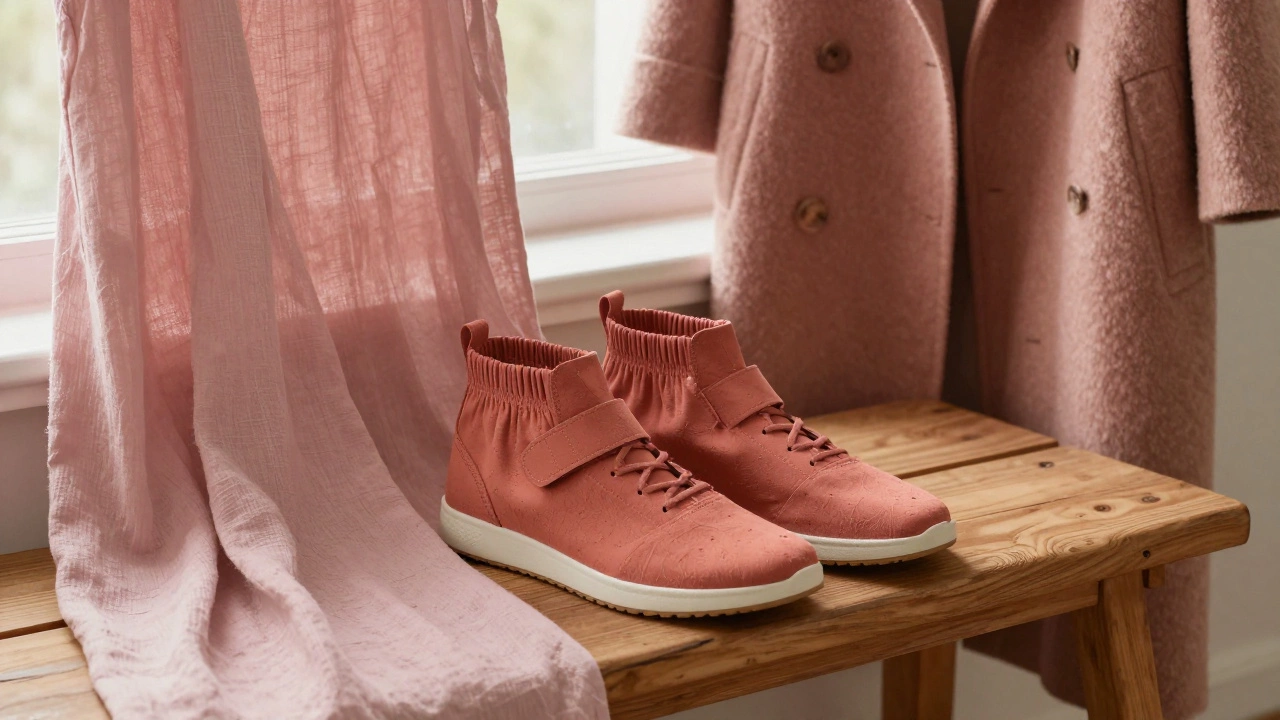 Минималистичные кроссовки с эластичными застежками рядом с платьем и пальто из натуральных тканей.