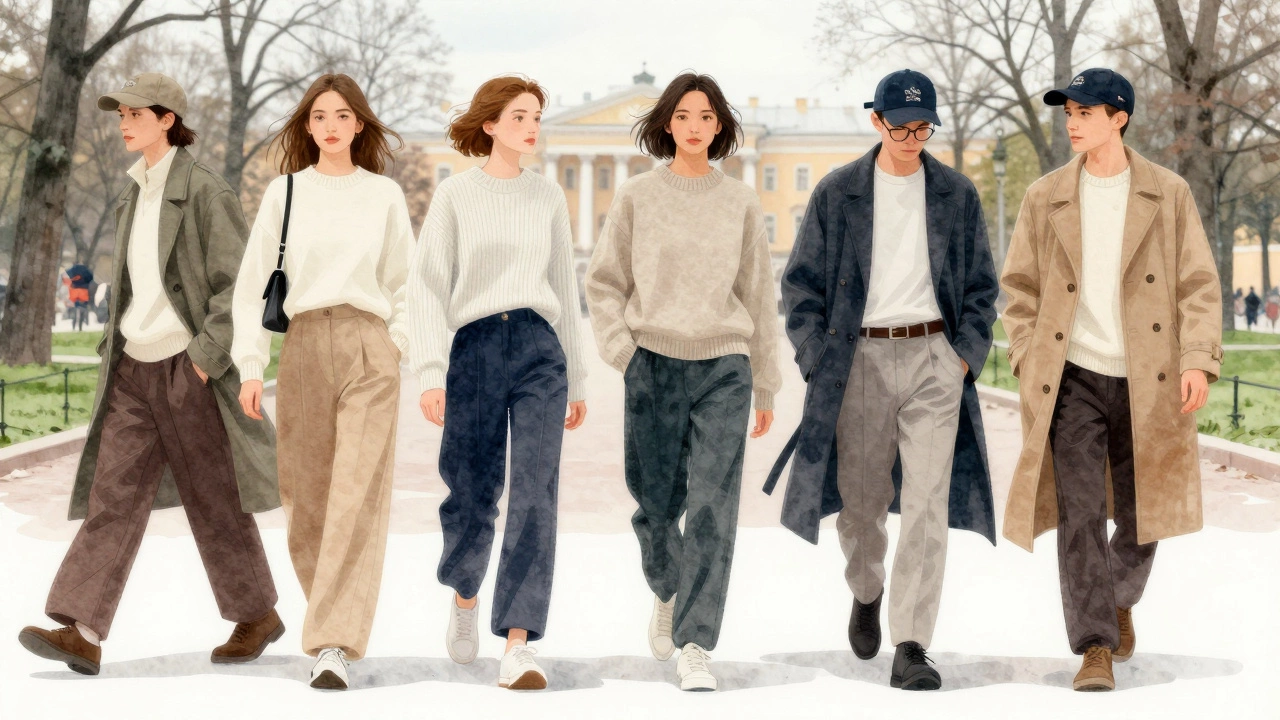 Молодые люди в широких брюках и длинных пальто гуляют по парку, сочетая уличную моду с минимализмом.