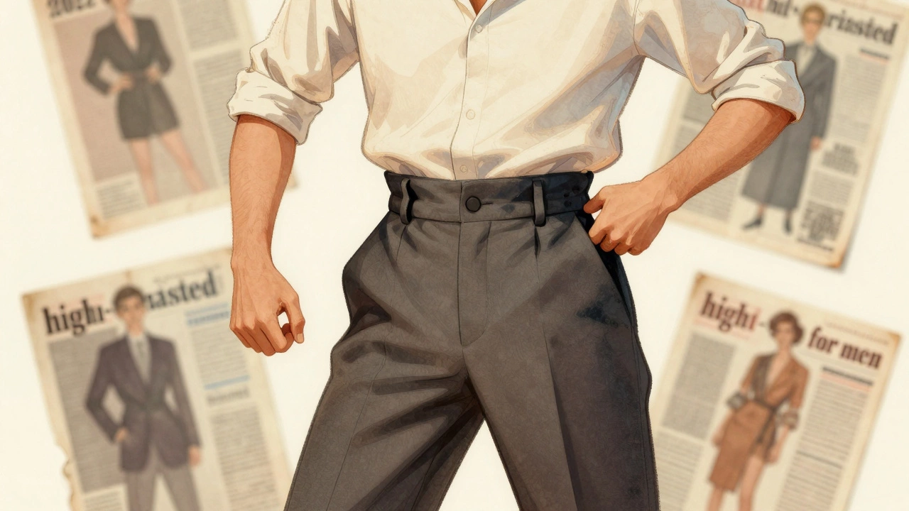 Мужчина в брюках с завышенной талией, поза неестественная, выражение дискомфорта.