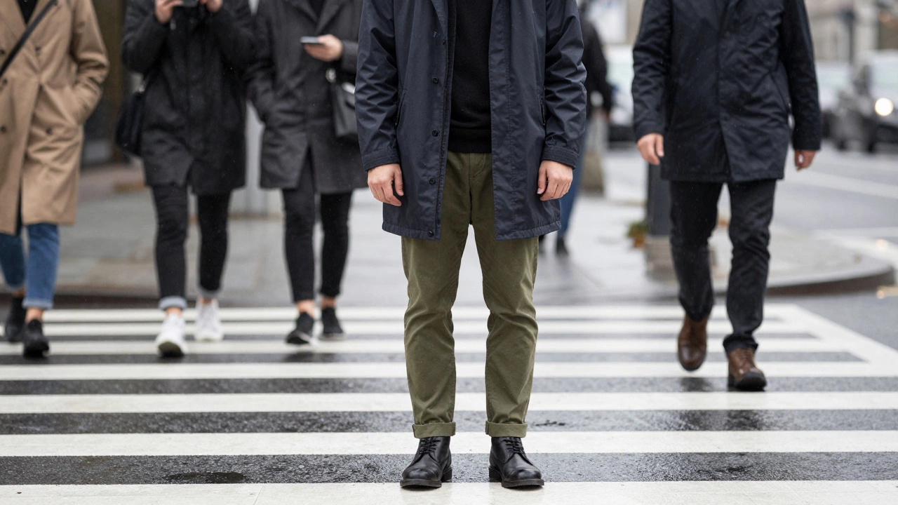 Мужчина в дождь в минималистичном осеннем наряде, ветровка и ботинки защищают от сырости, пешеходы позади выглядят неуютно.