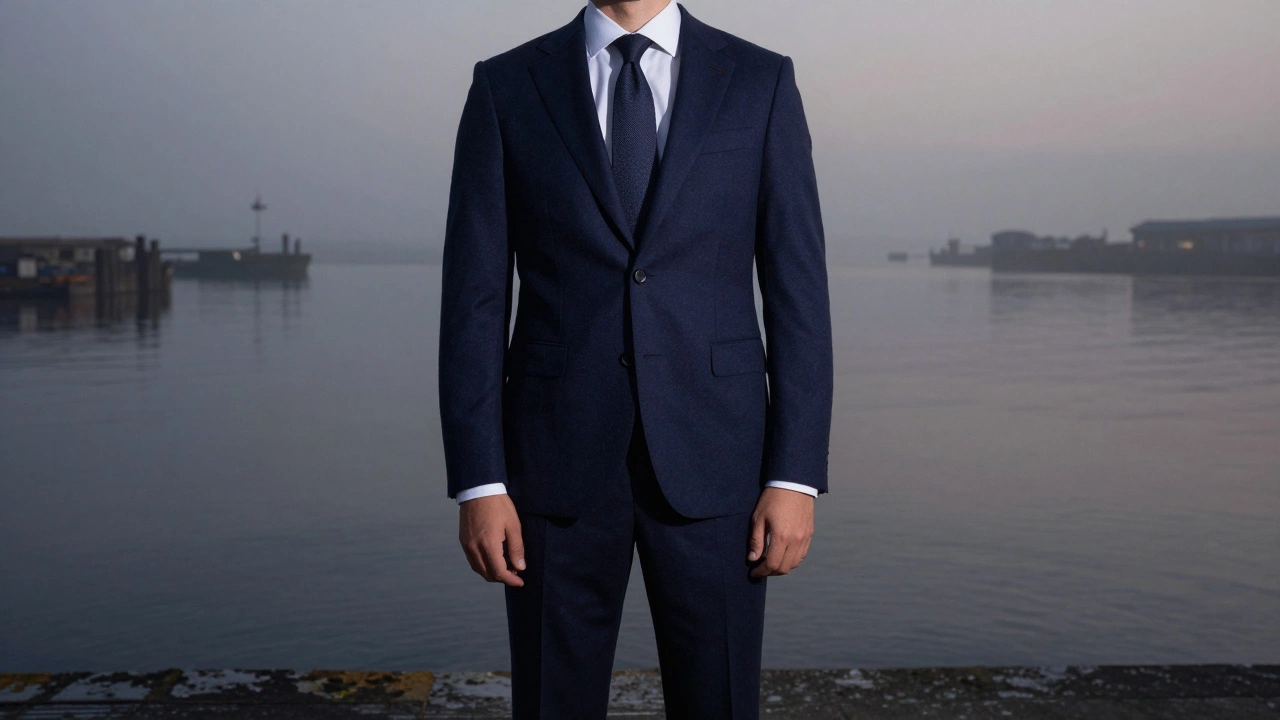 Мужчина в темно-синем костюме на туманном берегу у рассвета, без аксессуаров.