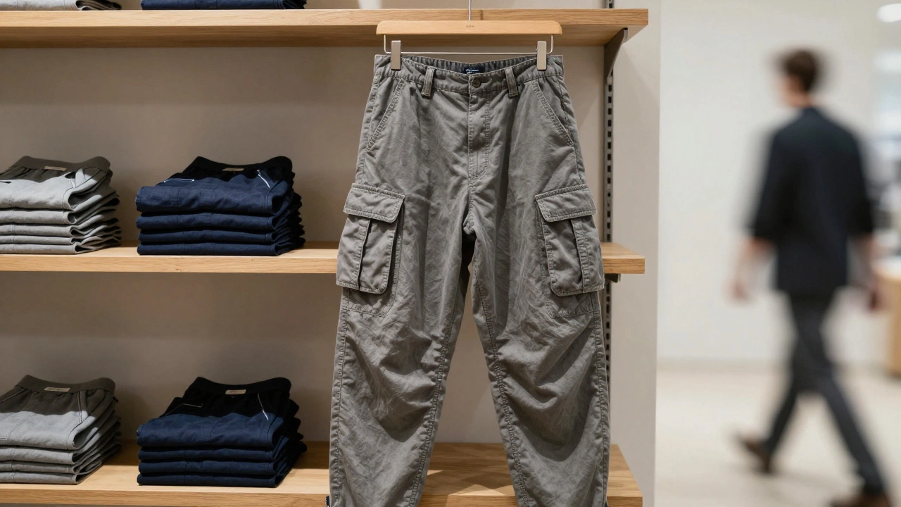 На вешалке висят старые карго-брюки, рядом — современные прямые брюки в тёмных тонах.