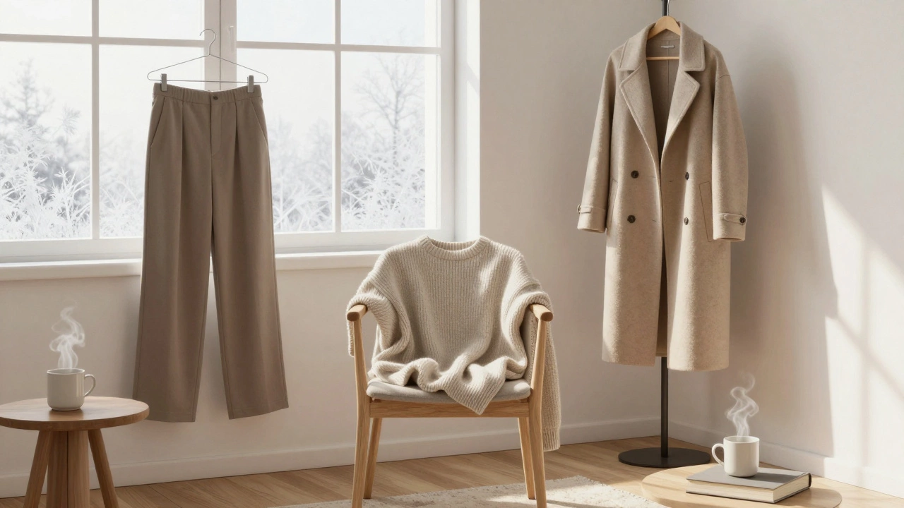 Нейтральная комната с небрежно висящим оверсайз свитером, брюками и пальто на фоне зимнего окна.