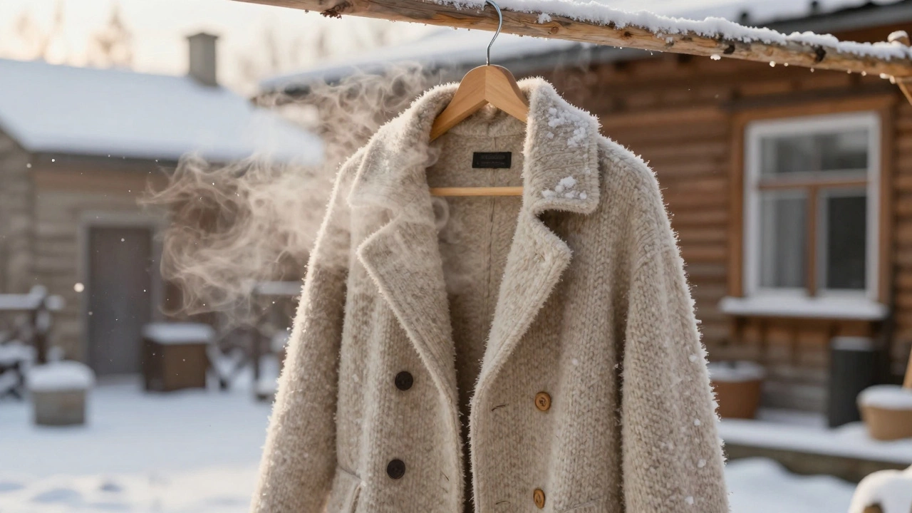 Пальто из мериноса с бамбуком на снежном дворе, пар поднимается от ткани, снег ложится на поверхность.